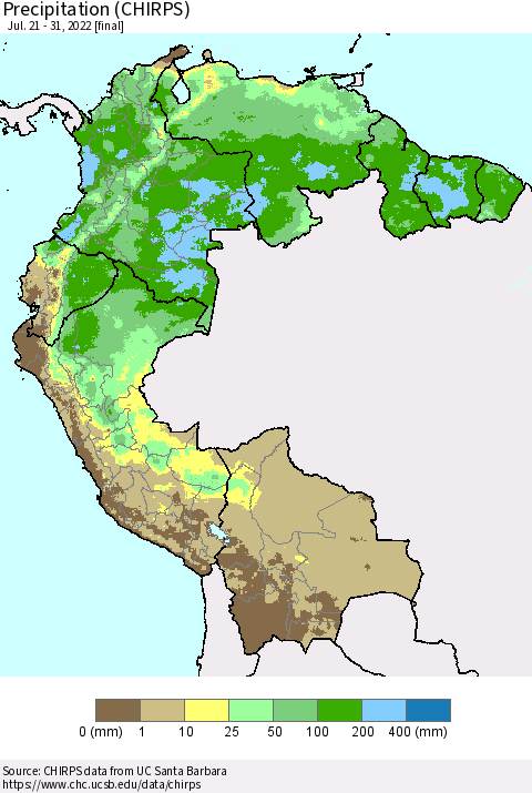Northern South America Precipitation (CHIRPS) Thematic Map For 7/21/2022 - 7/31/2022