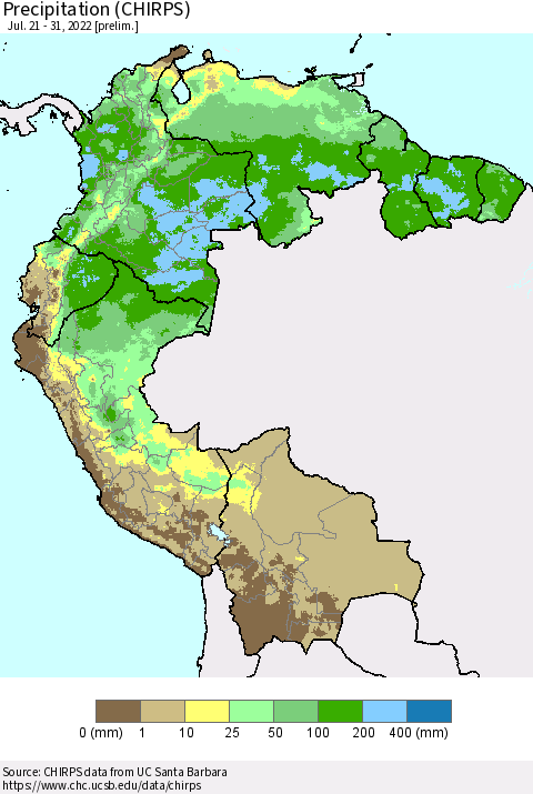 Northern South America Precipitation (CHIRPS) Thematic Map For 7/21/2022 - 7/31/2022