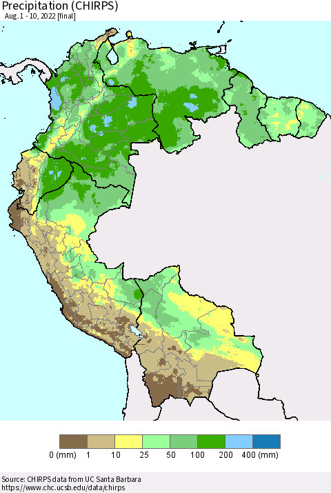 Northern South America Precipitation (CHIRPS) Thematic Map For 8/1/2022 - 8/10/2022