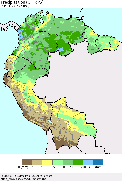Northern South America Precipitation (CHIRPS) Thematic Map For 8/11/2022 - 8/20/2022