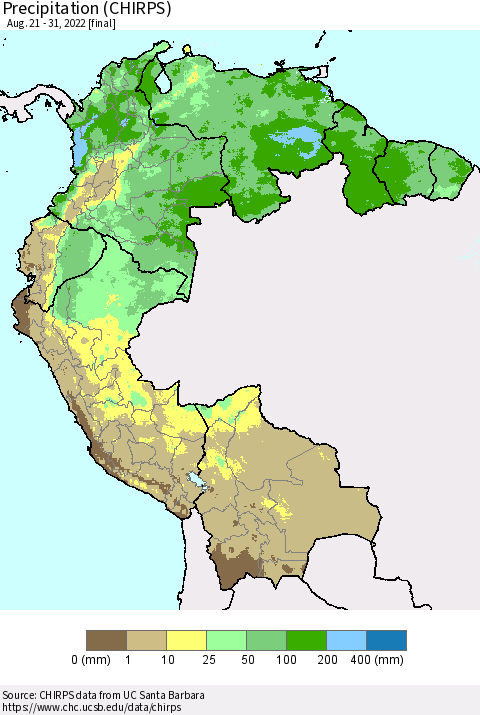 Northern South America Precipitation (CHIRPS) Thematic Map For 8/21/2022 - 8/31/2022