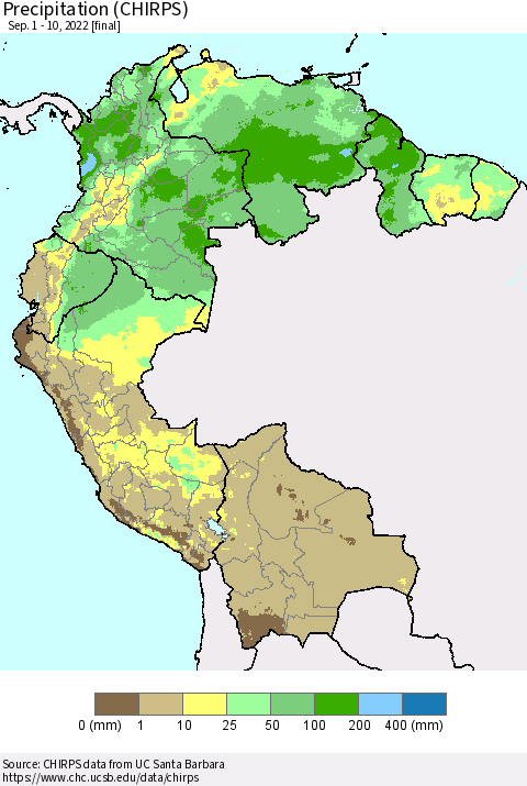 Northern South America Precipitation (CHIRPS) Thematic Map For 9/1/2022 - 9/10/2022
