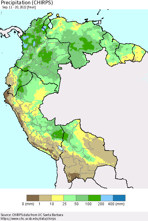 Northern South America Precipitation (CHIRPS) Thematic Map For 9/11/2022 - 9/20/2022