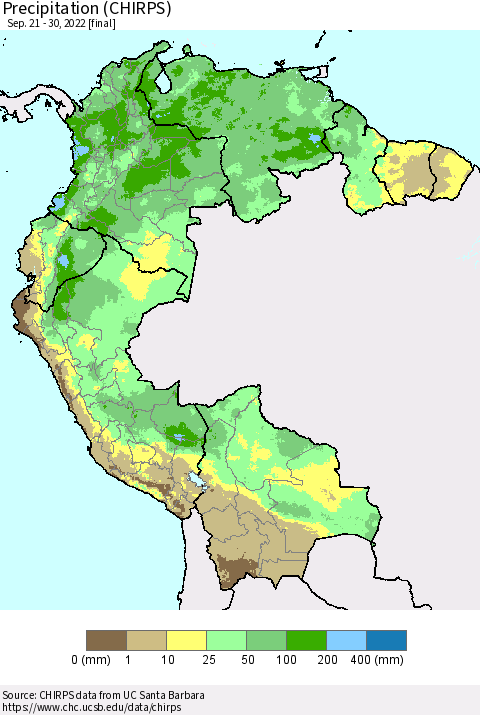 Northern South America Precipitation (CHIRPS) Thematic Map For 9/21/2022 - 9/30/2022