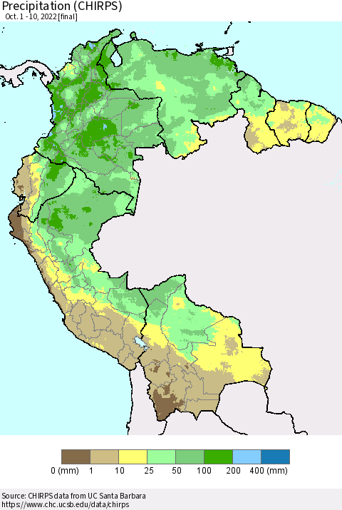 Northern South America Precipitation (CHIRPS) Thematic Map For 10/1/2022 - 10/10/2022