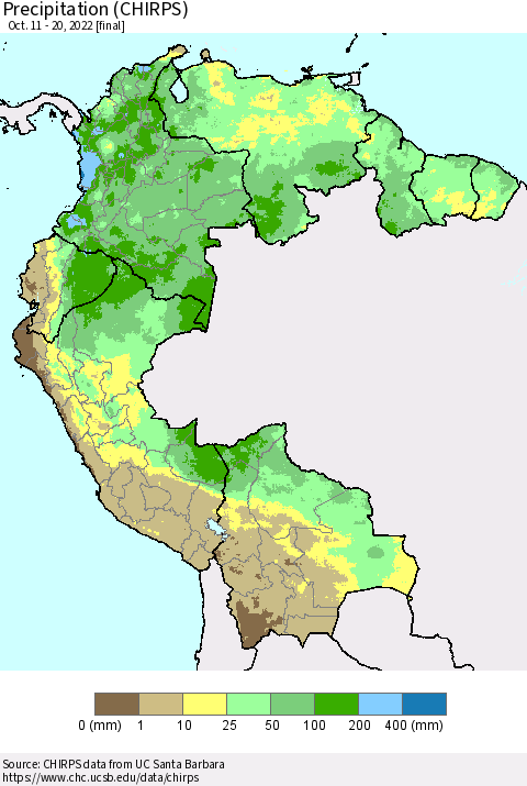 Northern South America Precipitation (CHIRPS) Thematic Map For 10/11/2022 - 10/20/2022
