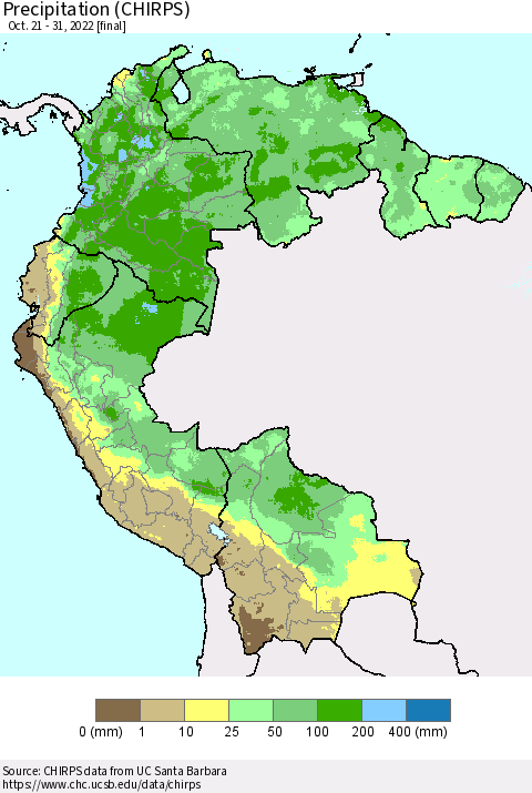 Northern South America Precipitation (CHIRPS) Thematic Map For 10/21/2022 - 10/31/2022