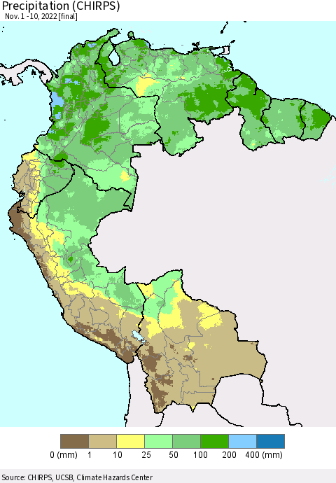 Northern South America Precipitation (CHIRPS) Thematic Map For 11/1/2022 - 11/10/2022