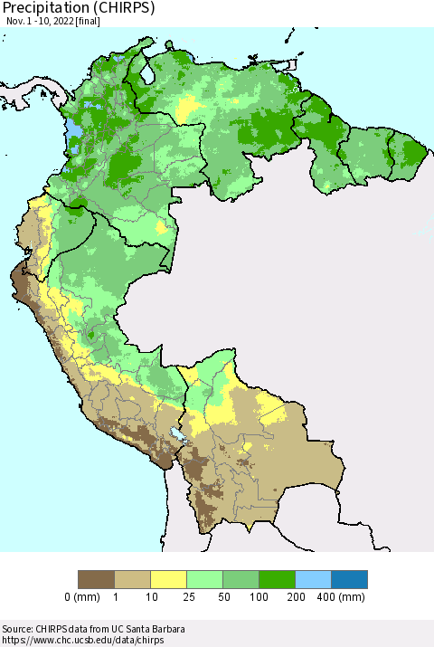 Northern South America Precipitation (CHIRPS) Thematic Map For 11/1/2022 - 11/10/2022