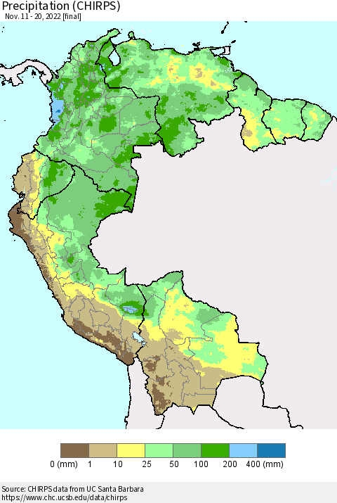 Northern South America Precipitation (CHIRPS) Thematic Map For 11/11/2022 - 11/20/2022