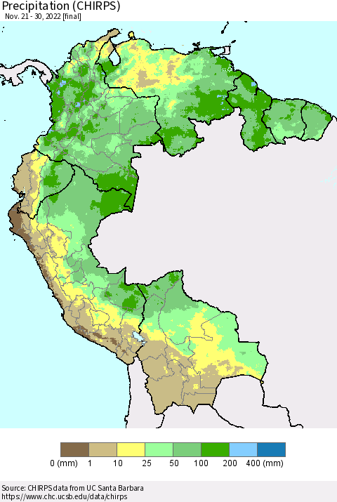 Northern South America Precipitation (CHIRPS) Thematic Map For 11/21/2022 - 11/30/2022