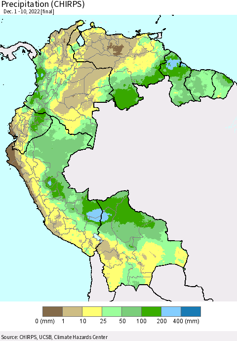 Northern South America Precipitation (CHIRPS) Thematic Map For 12/1/2022 - 12/10/2022
