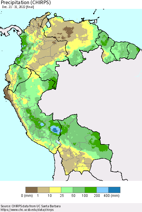 Northern South America Precipitation (CHIRPS) Thematic Map For 12/21/2022 - 12/31/2022