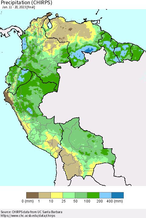 Northern South America Precipitation (CHIRPS) Thematic Map For 1/11/2023 - 1/20/2023