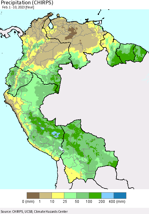 Northern South America Precipitation (CHIRPS) Thematic Map For 2/1/2023 - 2/10/2023