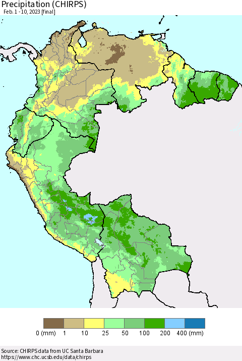 Northern South America Precipitation (CHIRPS) Thematic Map For 2/1/2023 - 2/10/2023