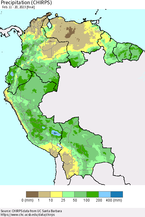 Northern South America Precipitation (CHIRPS) Thematic Map For 2/11/2023 - 2/20/2023