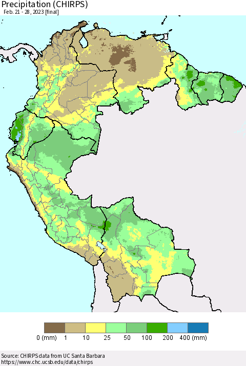 Northern South America Precipitation (CHIRPS) Thematic Map For 2/21/2023 - 2/28/2023