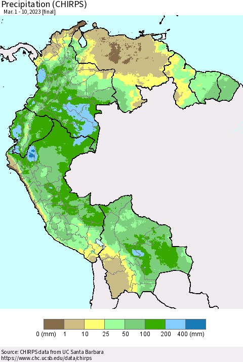 Northern South America Precipitation (CHIRPS) Thematic Map For 3/1/2023 - 3/10/2023