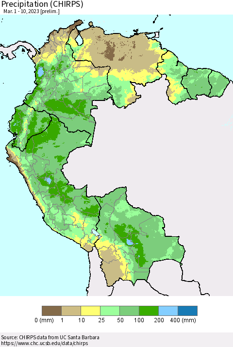 Northern South America Precipitation (CHIRPS) Thematic Map For 3/1/2023 - 3/10/2023