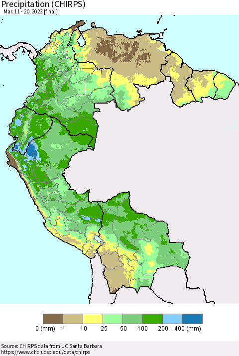 Northern South America Precipitation (CHIRPS) Thematic Map For 3/11/2023 - 3/20/2023