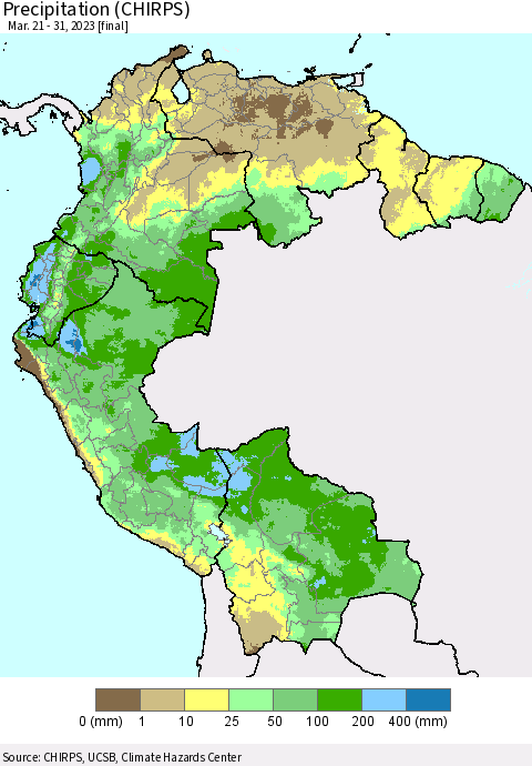 Northern South America Precipitation (CHIRPS) Thematic Map For 3/21/2023 - 3/31/2023