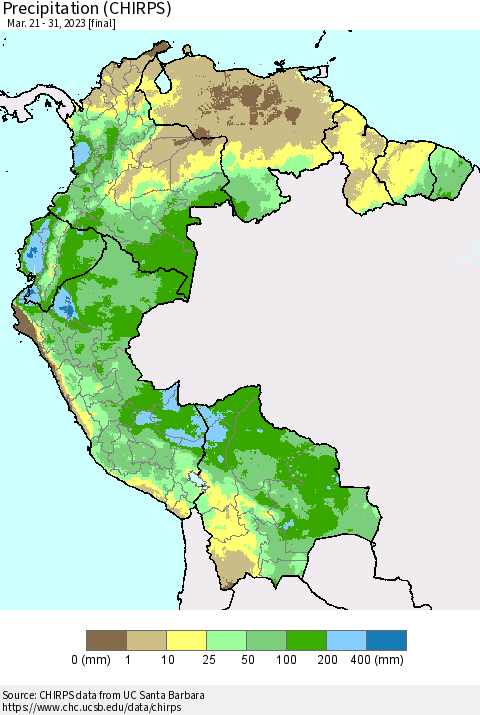 Northern South America Precipitation (CHIRPS) Thematic Map For 3/21/2023 - 3/31/2023
