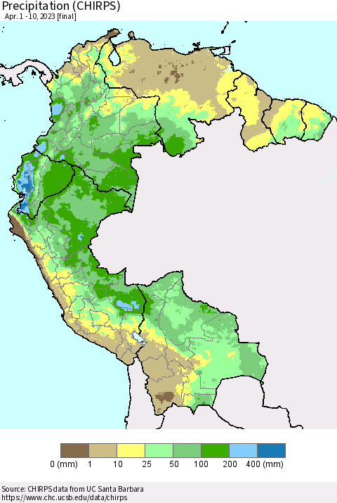 Northern South America Precipitation (CHIRPS) Thematic Map For 4/1/2023 - 4/10/2023