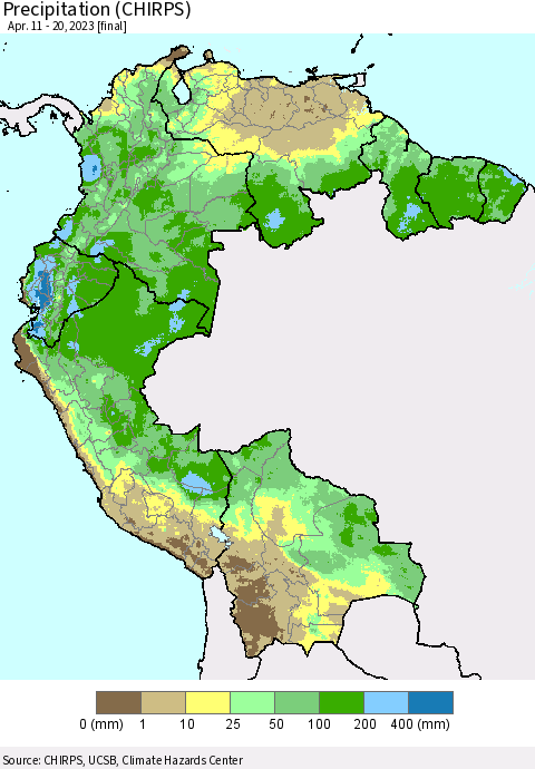 Northern South America Precipitation (CHIRPS) Thematic Map For 4/11/2023 - 4/20/2023