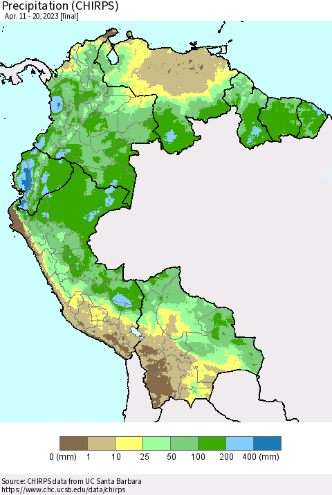 Northern South America Precipitation (CHIRPS) Thematic Map For 4/11/2023 - 4/20/2023