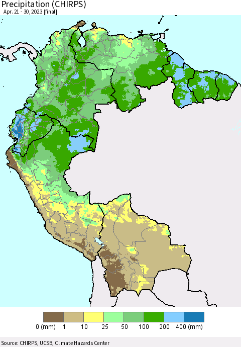 Northern South America Precipitation (CHIRPS) Thematic Map For 4/21/2023 - 4/30/2023
