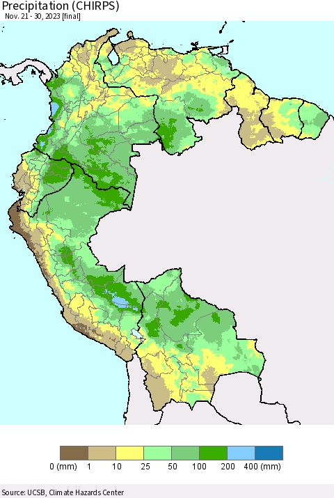 Northern South America Precipitation (CHIRPS) Thematic Map For 11/21/2023 - 11/30/2023
