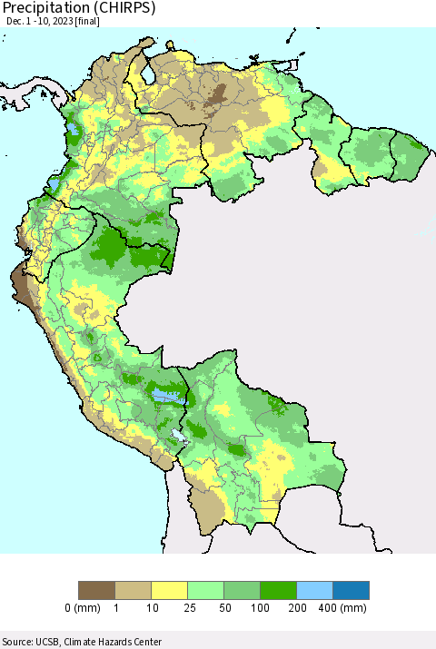 Northern South America Precipitation (CHIRPS) Thematic Map For 12/1/2023 - 12/10/2023