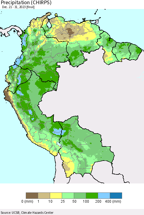 Northern South America Precipitation (CHIRPS) Thematic Map For 12/21/2023 - 12/31/2023