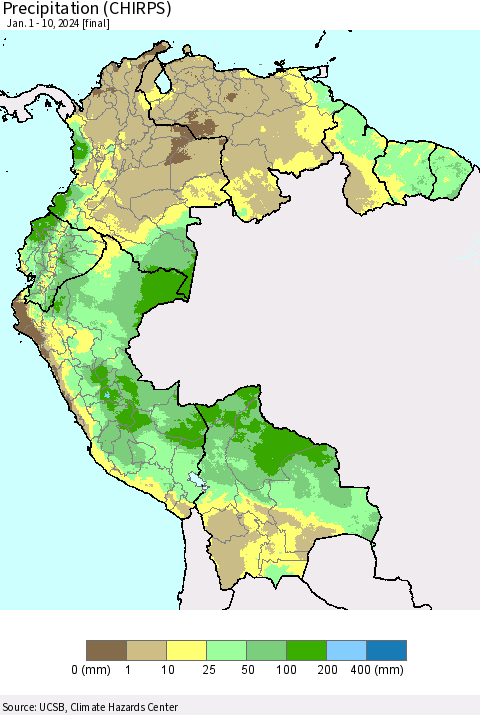 Northern South America Precipitation (CHIRPS) Thematic Map For 1/1/2024 - 1/10/2024