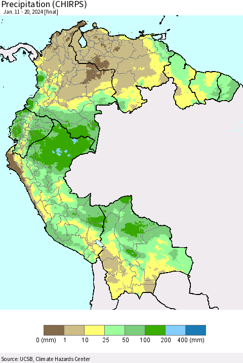 Northern South America Precipitation (CHIRPS) Thematic Map For 1/11/2024 - 1/20/2024