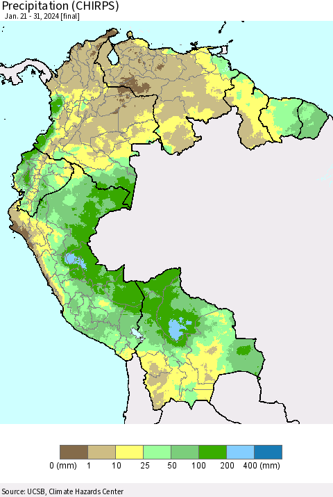 Northern South America Precipitation (CHIRPS) Thematic Map For 1/21/2024 - 1/31/2024