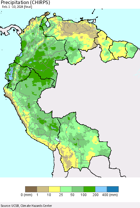 Northern South America Precipitation (CHIRPS) Thematic Map For 2/1/2024 - 2/10/2024