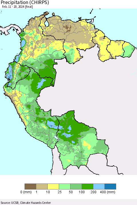 Northern South America Precipitation (CHIRPS) Thematic Map For 2/11/2024 - 2/20/2024