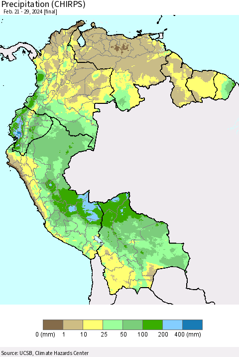 Northern South America Precipitation (CHIRPS) Thematic Map For 2/21/2024 - 2/29/2024