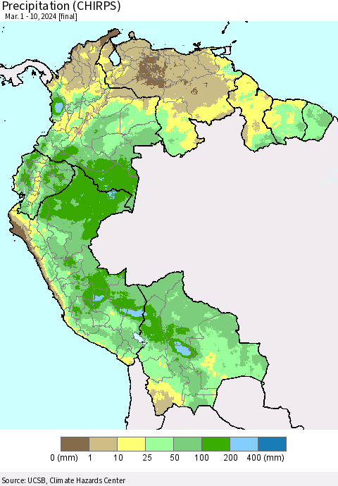 Northern South America Precipitation (CHIRPS) Thematic Map For 3/1/2024 - 3/10/2024