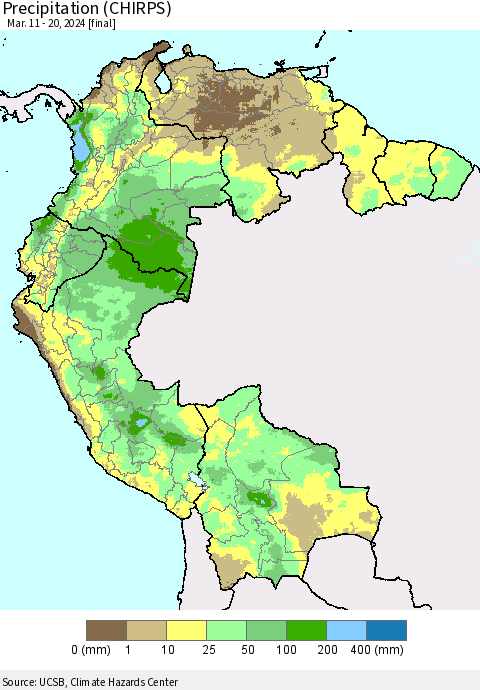 Northern South America Precipitation (CHIRPS) Thematic Map For 3/11/2024 - 3/20/2024