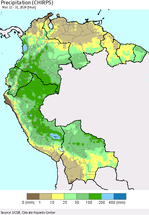 Northern South America Precipitation (CHIRPS) Thematic Map For 3/21/2024 - 3/31/2024