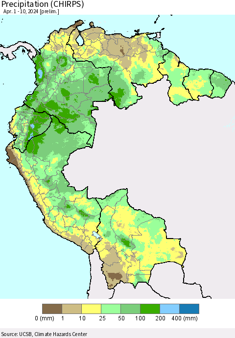 Northern South America Precipitation (CHIRPS) Thematic Map For 4/1/2024 - 4/10/2024