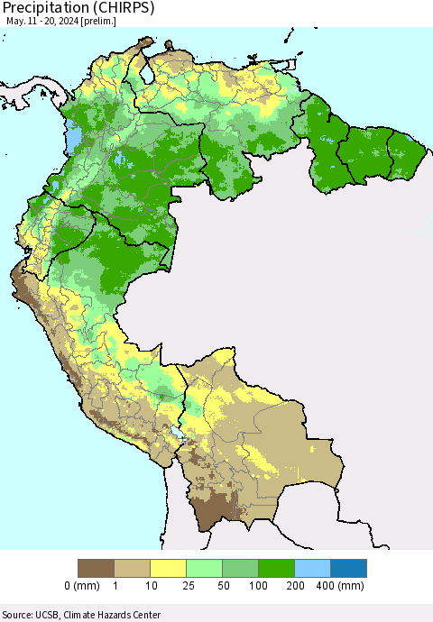 Northern South America Precipitation (CHIRPS) Thematic Map For 5/11/2024 - 5/20/2024