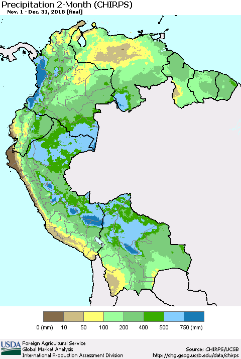 Northern South America Precipitation 2-Month (CHIRPS) Thematic Map For 11/1/2018 - 12/31/2018
