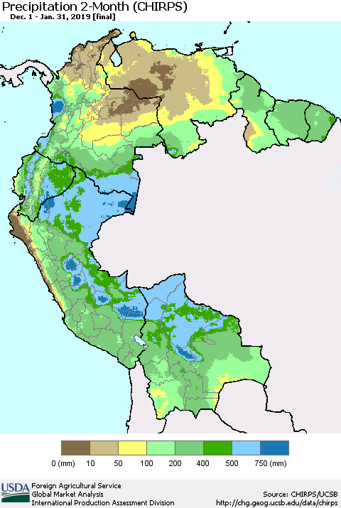 Northern South America Precipitation 2-Month (CHIRPS) Thematic Map For 12/1/2018 - 1/31/2019