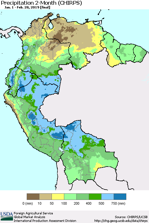 Northern South America Precipitation 2-Month (CHIRPS) Thematic Map For 1/1/2019 - 2/28/2019