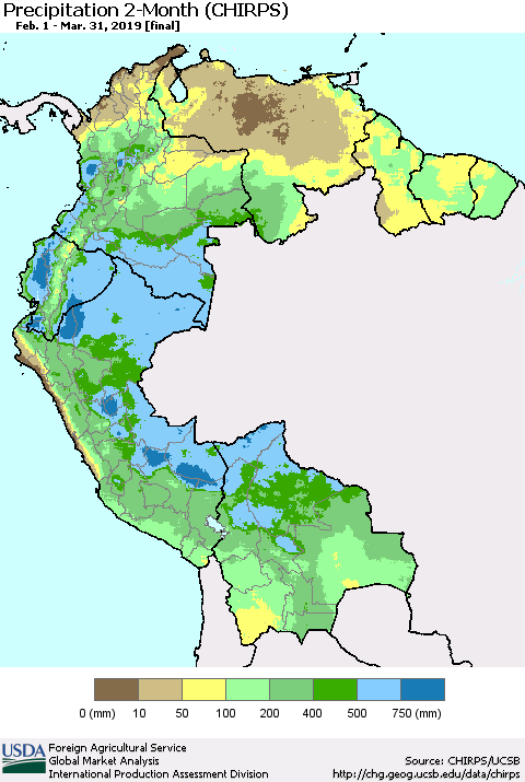 Northern South America Precipitation 2-Month (CHIRPS) Thematic Map For 2/1/2019 - 3/31/2019