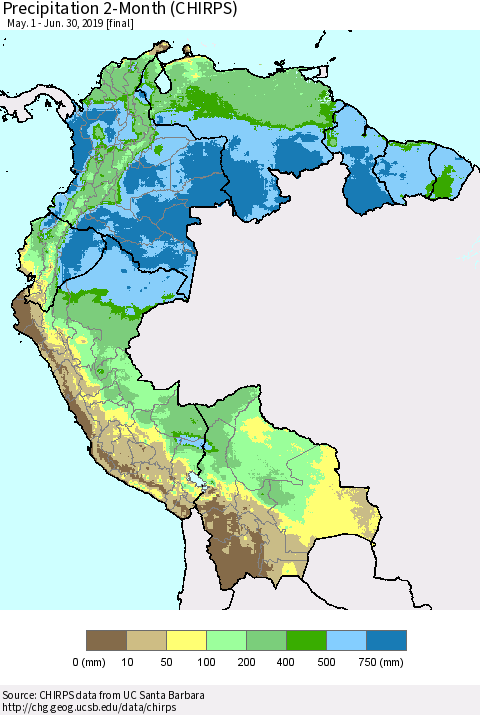Northern South America Precipitation 2-Month (CHIRPS) Thematic Map For 5/1/2019 - 6/30/2019